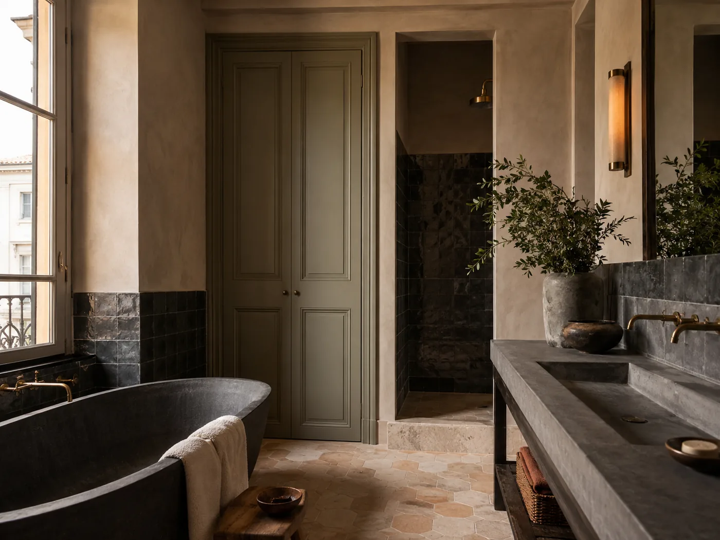 Salle de bain minérale et chaleureuse